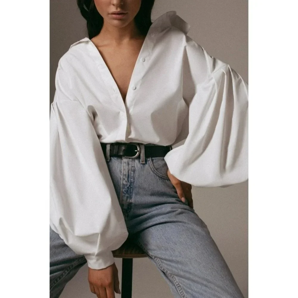 Solid Color Lapel Puff Sleeve Blouses - Picture 5 of 7